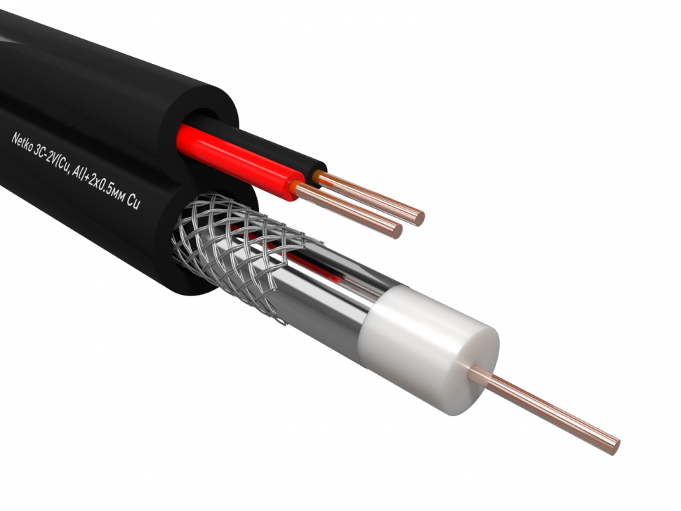 Кабель коаксиальный Netko 3C-2V, 75 Ом (CU, оплетка 32 нити AL) + кабель питания 2x0.5мм (CU, одножильный), аналог ККСП, наружный, черный (100м)