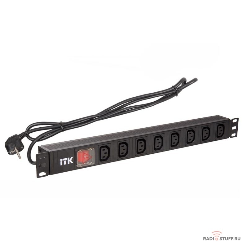 Блок розеток, 8 розеток C13, с LED выключателем,1U, шнур 2м, вилка нем.ст, ITK